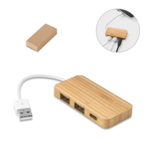 Hub em bambu com 2 portas Personalizado Frete Grátis - Mínimo 20
